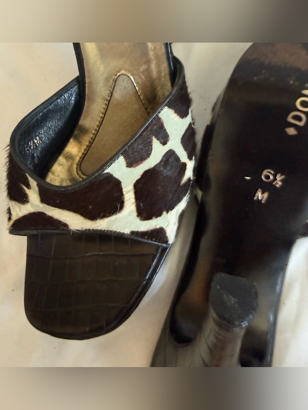 Vintage Donald J Pliner Calf Hair Giraffe Print Platform Mule Heel 6.5 Italy Y2K - Picture 8 of 16